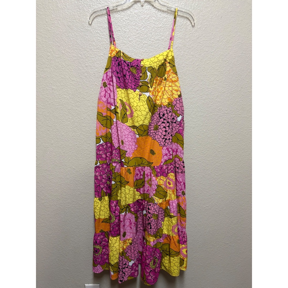 Retro Floral Tiered Midi Dress Pink Yellow Orange Boho Sun Dress Medium TM5181-